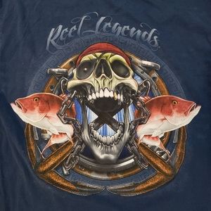 Reel Legends Mens M Graphic Long Sleeve T Shirt Skull Fish Navy Blue